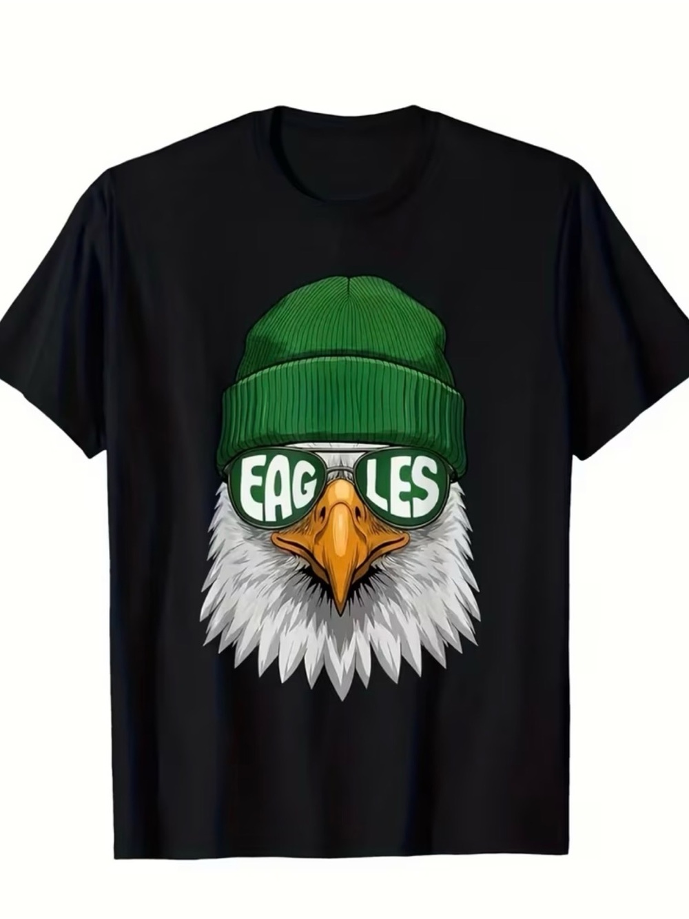 Black Graphic Tee with Green Beanie Eagle